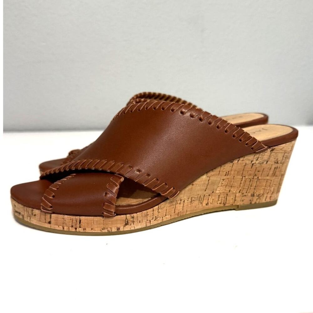 Jack Rogers Sloane Cork Wedge Sandals Brown Leather Whipstitch Size 7